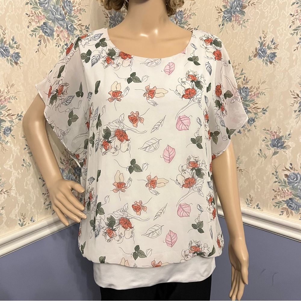 Viishow Loose White Floral Short Sleeve Chiffon Blouse, Size L